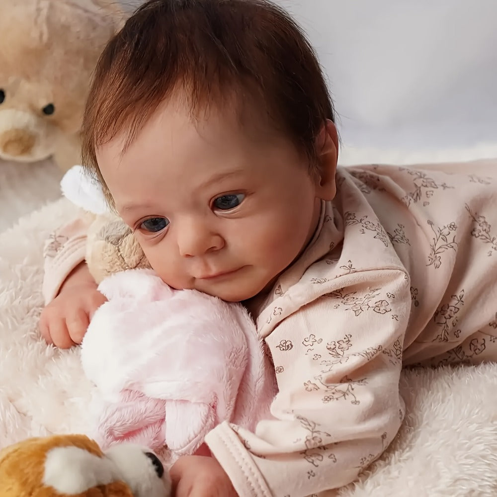 Pink Reborn Baby Doll 16 Inch Hand-Rooted Brown Hair Cloth Body Vinyl Limbs Hand-Painted Skin – Lifelike Newborn Girl Angie with Pacifier Feeding Container Birth Certificate, Gift for Kids Ages 3+