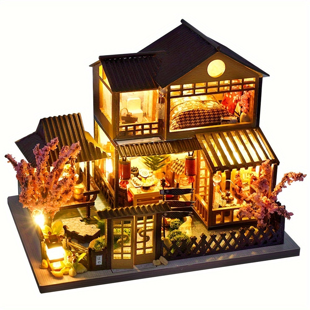 1pc DIY Miniature House Kit, Sakura Style House, Adult Building Dollhouse Kit, Wooden Dollhouse Kit, Model Building Kit, Halloween, Christmas Gift (Glue and Batteries Not Included)