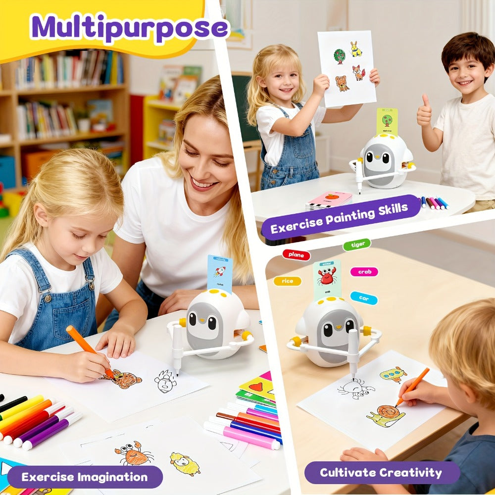 Drawing Robot for Kids Penguin, 200 Learning Cards & 12 Color Pens, STEM Art Educational Toy, Screen-Free Interactive Drawing Game, Step-by-Step Lessons for Boys & Girls Ages 3+, USB Charging, Birthday Gift