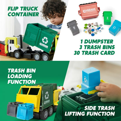 Garbage Truck Toy Set 16-Inch Large Friction-Powered with Lights & Sounds, Color-Coded Trash Bins, Garbage Sorting Learning Cards – Educational Gift for Boys & Girls Ages 3+
