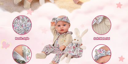 12 Inch Realistic Vinyl Doll Set, Including 1 Doll, 1 Set Of Floral Clothes, 1 Headscarf, 1 Pair Of Socks, 1 Toy Rabbit, And 1 Rabbit Skirt, Children's Toys, Suitable for Dress Up Games, Birthday Gifts, Game Gifts, Holiday Gifts, Realistic Reborn