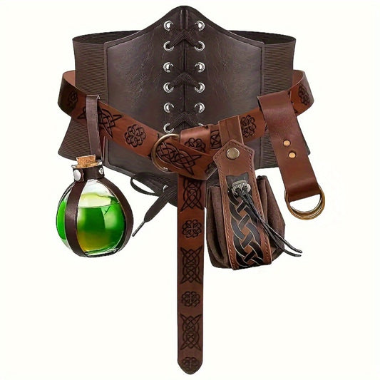Renaissance Corset Set 5-Piece Ladies – Medieval Belt Pouch Potion Bottle Waist Protector, Women Halloween LARP Cosplay Renaissance Fair Outfit, Stage Prop & Photography Costume Gift