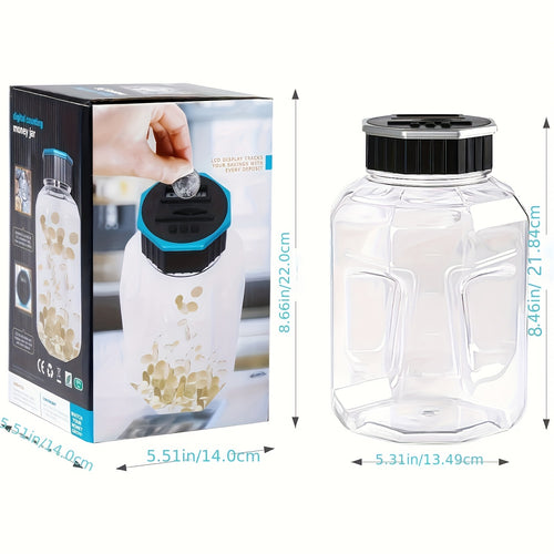 Extra-Large Adult Piggy Bank | Digital Coin Counting Jar with LCD Counter, 2.4-Liter Capacity, Displays Total Amount, Transparent Acrylic, Silvery