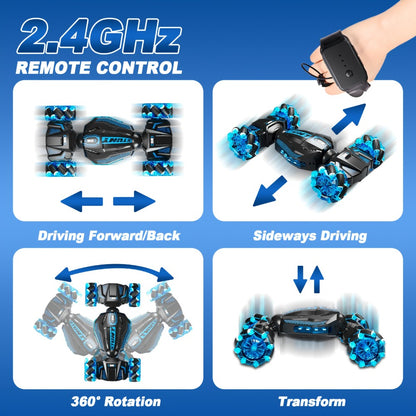 RC Stunt Car 1:24 Scale 8WD Dual Remote Control for Kids Boys Girls – 2.4GHz 28KM/H Crash-Resistant Race Car All-Terrain Tires LED Lights Two Player Birthday Christmas Holiday Gift Red Blue