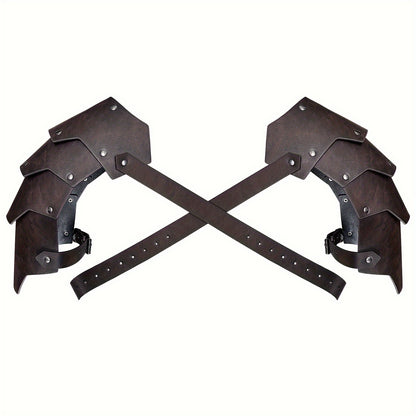 Medieval Shoulder Armor Double Pauldron for Men & Women – Embossed PU Faux Leather Warrior Pauldrons for Halloween LARP Cosplay Renaissance Fair Theater, Khaki Dark Brown Black