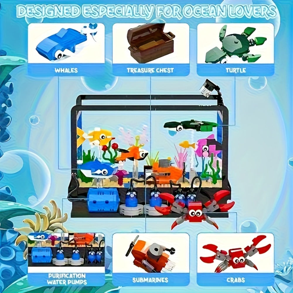 Ocean Fish Tank Building Blocks Set 501 Pcs LC8059 – LED Light Aquarium Model with Whale Shark Sea Turtle & Marine Life, DIY Desktop Decoration Night Light, Birthday Christmas Gift for Kids & Adults