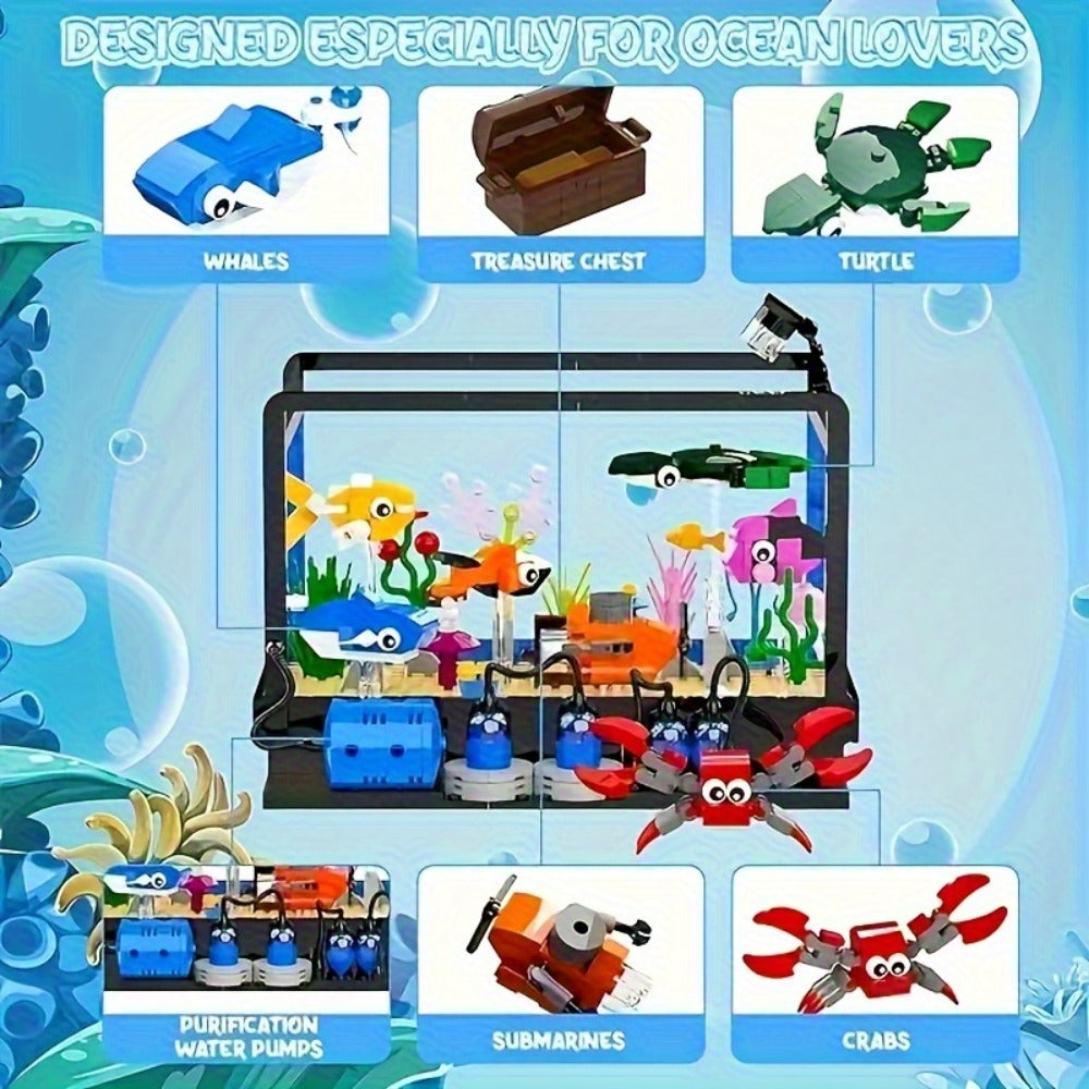 Ocean Fish Tank Building Blocks Set 501 Pcs LC8059 – LED Light Aquarium Model with Whale Shark Sea Turtle & Marine Life, DIY Desktop Decoration Night Light, Birthday Christmas Gift for Kids & Adults