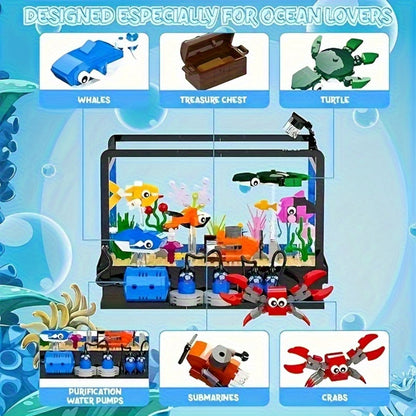 Ocean Fish Tank Building Blocks Set 501 Pcs LC8059 – LED Light Aquarium Model with Whale Shark Sea Turtle & Marine Life, DIY Desktop Decoration Night Light, Birthday Christmas Gift for Kids & Adults