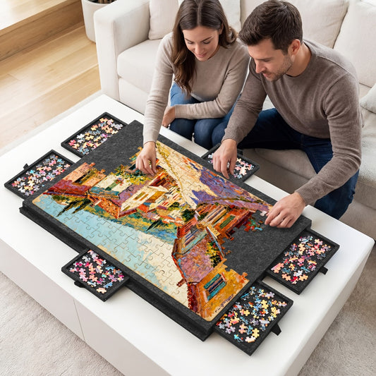 Foldaway Puzzle Board Felt Mat for Up to 1000/1500pcs Of Jigsaw Puzzle, Portable Puzzle Table with 6 Drawers (Extra Large)