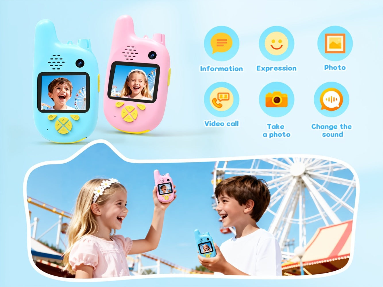 Video Walkie Talkies (2pcs) with Voice Changer, Video Call, Take A Picture, Dual Cameras for Indoor Play Camping Hiking Travel Birthday Gift, Outdoor Communication, Travel Essentials, Colorful Design, Durable(2412-2462MHZ)