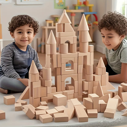 100pcs Solid Wood Block Set, Unpainted, Aiding Logical Thinking Development. Made of Beech Material, Suitable for 3-12 Year Old Children to Create Educational Toys. Boy Toy, Wooden Castle Set, Large Wooden Stacking Toy, Puzzle Toy, Toy
