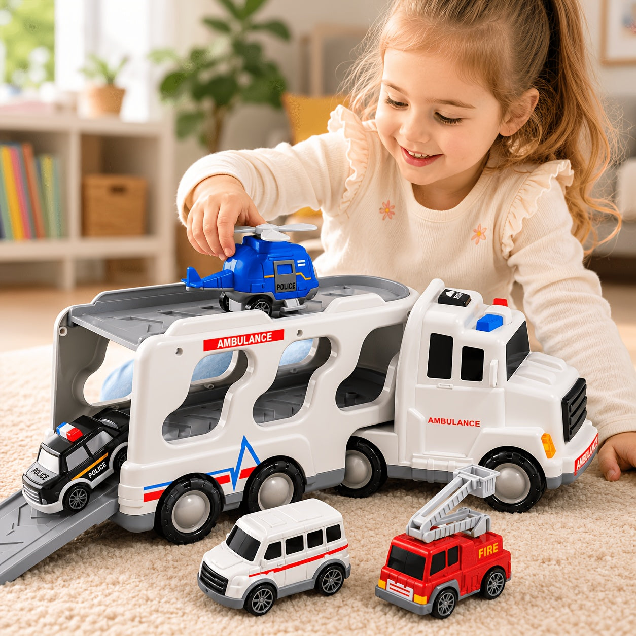 Babyhome Ambulance Truck 5 in 1 with Lighting & Sound, Friction Power Vehicle, Rescue Helicopter, Police Car, Fire Truck, Ambulance, Christmas, Birthday Gift, Interactive Toy Combination Toy Car