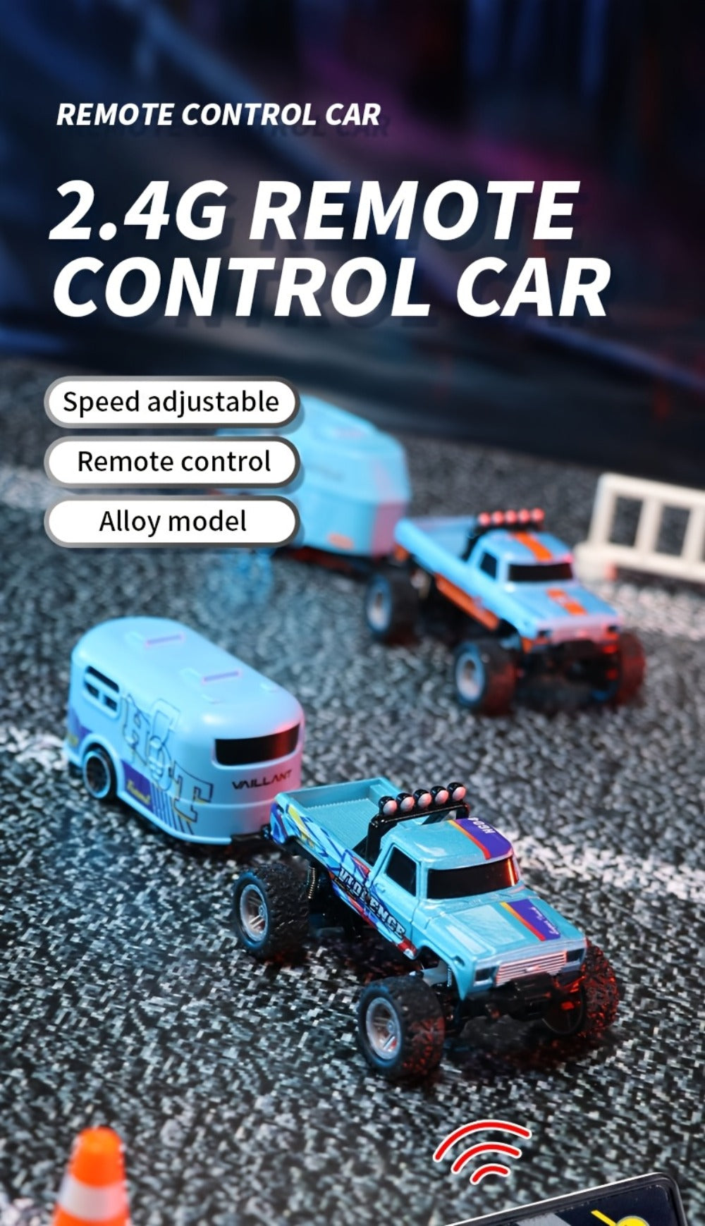 Mini RC Truck 1:64 Scale with Trailer – 2.4GHz Alloy Remote Control Monster Off-Road Pickup, Body Lights & Headlights, Rock Crawler Toy for Boys, Birthday Christmas Gift (Green/Gray/Blue)
