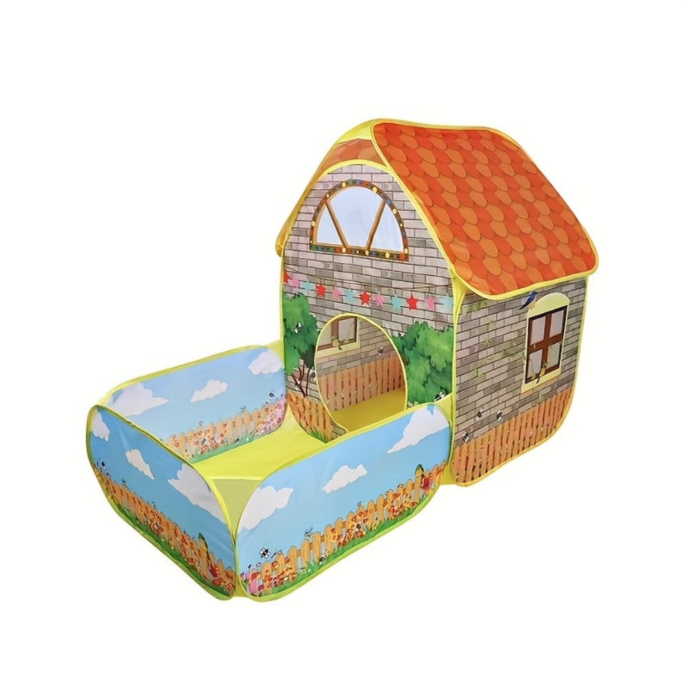 Kids Cottage Play Tent with Ball Pit – Cartoon Design Indoor Outdoor Playhouse, Imaginative Hideaway Fort for Toddlers, Fun Birthday Christmas Halloween Gift for Boys & Girls Ages 2+