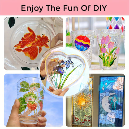 Stained Glass Painting Kit, Paint Acrylic Set Window Paint Set, Non Toxic, 12 Colors Paint On Transparent Glass Painting, Wine Glasses, for Artist Adults with 3 Brushes.
