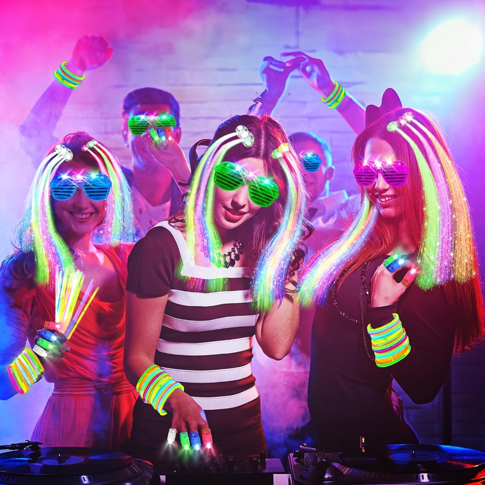 Glow in the Dark Party Supplies 120 Piece Set – Glow Rings, LED Glasses, Glow Sticks & Fiber Optic Hair Clips for Neon Party, Birthday, Wedding, Concert & New Year