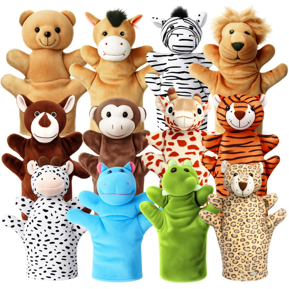 12pcs Hand Puppet Zoo Animal Plush Puppets Cute Animal Hand Puppets Plush Pretend Toys, with Tiger Lion Bear Leopard Design for Telling Story Teaching Role Play, Christmas, Halloween Special Gifts