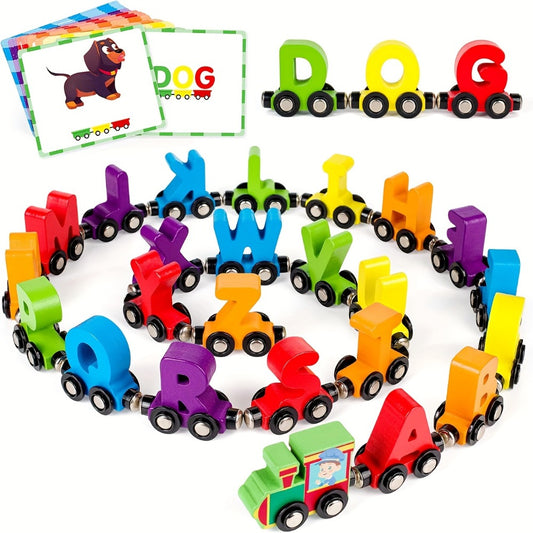 Magnetic Wooden Alphabet Train Sets, 27pcs ABC Letter Learning Toy Trains with 42pcs Flash Cards, 1 Engine, 1 Storage Bag, Kids Boys Girls Educational Toys for 3 4 5 6