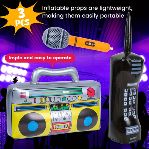 Inflatable Party Props 3 Pcs – Blow Up Mobile Phone, Boombox & Microphone for 80s Hip Hop Theme Birthday, Back to School, Graduation & Retro Party Decorations & Supplies