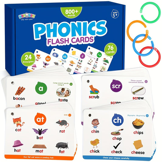Phonics Flash Cards for Kids, 76 Cards 24 Principles, Durable English Language Learning Cards, Learn to Read Phonics Games, CVC Digraphs Blends Long Vowel Sounds, Interactive Spelling And Reading Aid, Ideal for Early Childhood Education, Classroom