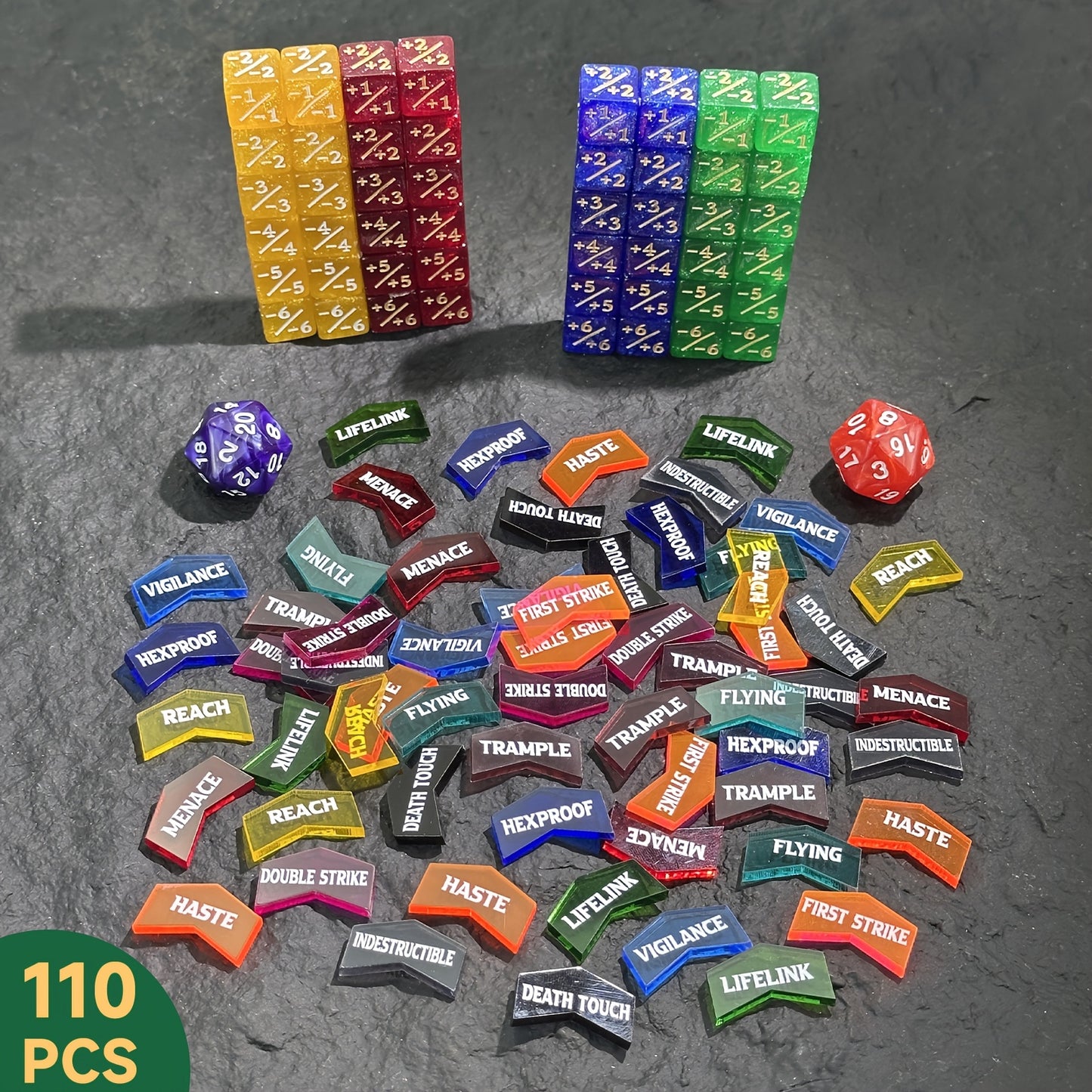 Counter Dice Set -110pcs 12mm/0.47inch 6 Sided +1/-1 Tokens Dice D20 Dices Set & M Keyword Counters Tokens for This Great Magic, TCG, Card Games Accessories