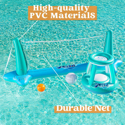 SYNCFUN Inflatable Pool Float Set Volleyball Net & Basketball Hoops, Floating Swimming Game Toy for Kids And Adults, Summer Floaties, Pool Party Games & Activities, Volleyball Court (105''x28''x35'') Basketball (27''x23''x27''), L-Blue