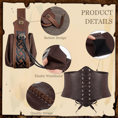 Medieval Costume Accessories Set 5-Piece – Corset Belt, Renaissance Belt Bag, Cork Potion Bottle & More for Halloween, Renaissance Faire, LARP & Cosplay, Unisex Adult Outfit Kit, Black & Brown