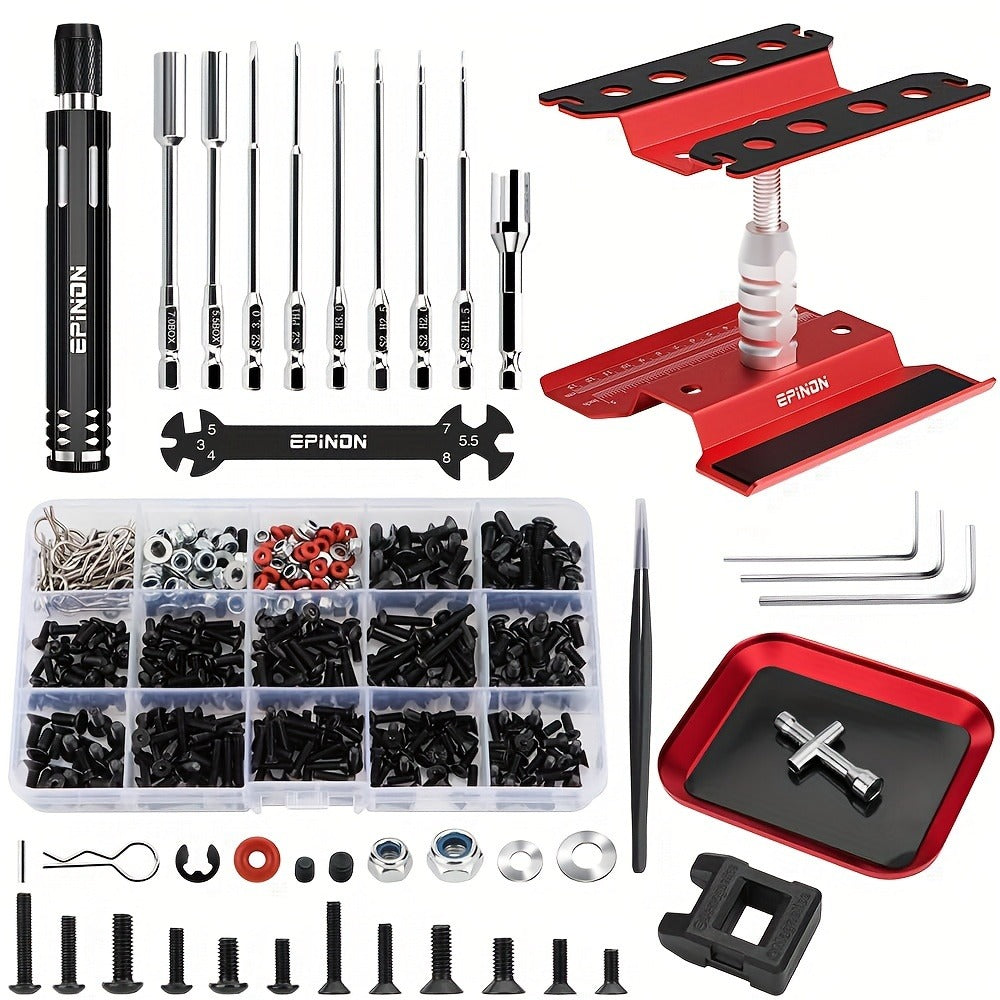 RC Car Maintenance Stand Tool Kit – EPINON 360° Rotating Work Stand with 520PCS Screws, Aluminum Screwdriver Set & Tray, Compatible with 1/8 1/10 1/12 1/16 1/18 Scale RC Cars Crawlers Trucks Buggies (Red/Blue)
