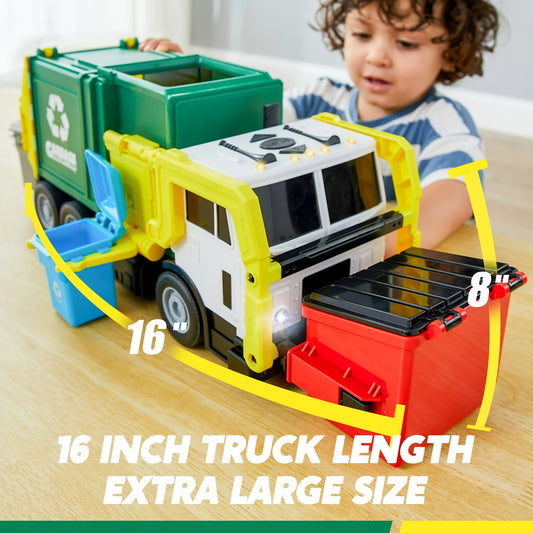 16” Large Manual Operation Garbage Truck Toy with Lights & Sounds Suitable for Boys, Pull-Back/Push Action with Inertia Motion System, Realistic Dumpster & Trash Bins, Learning Cards & Storage Rack for Garbage Sorting Game, Birthday Gift for Kids