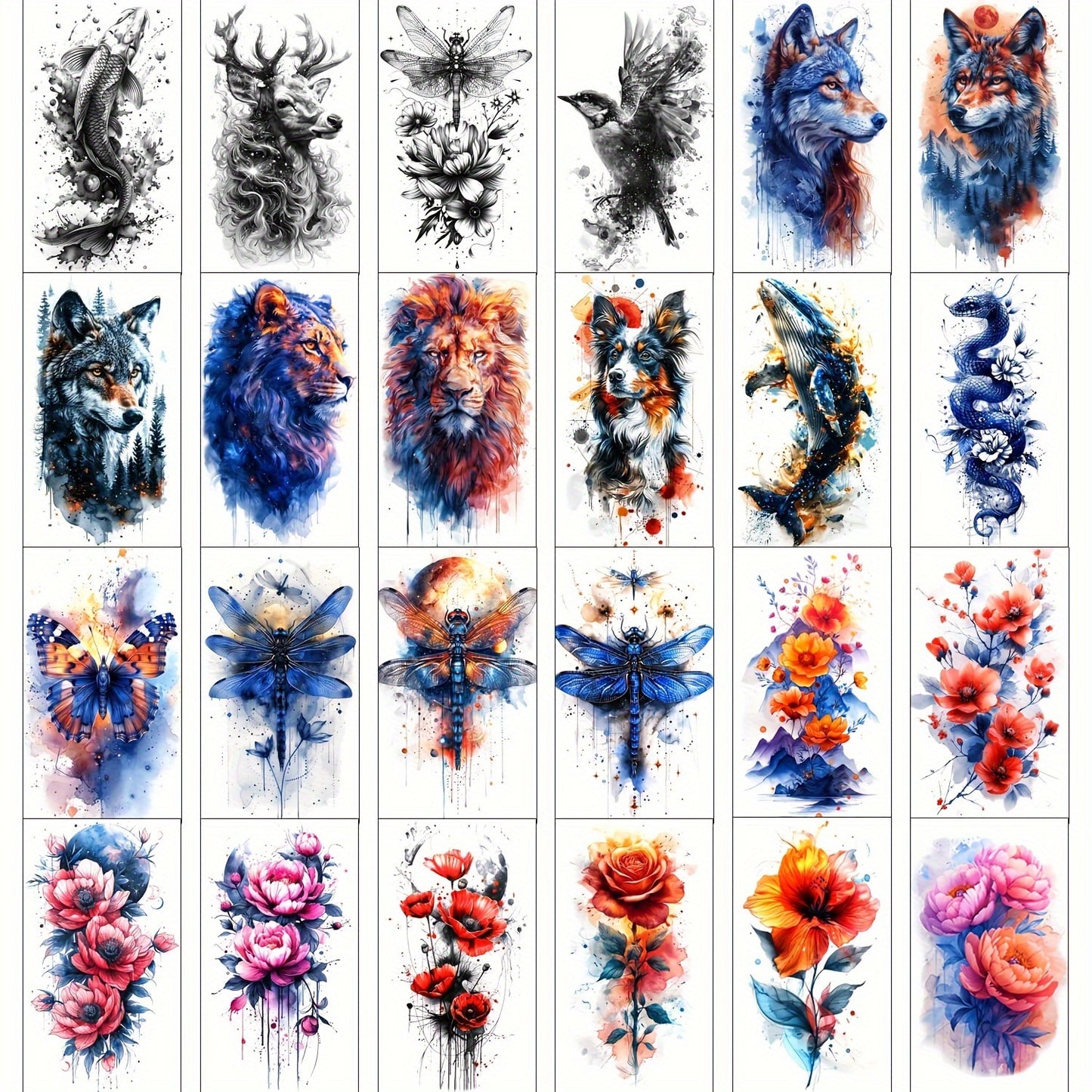 Temporary Tattoos for Women & Kids - 24 Sheets Large Watercolor Realistic Fake Tattoo Stickers with Flower & Animal Designs - Long Lasting Body Art Half Arm Tattoos