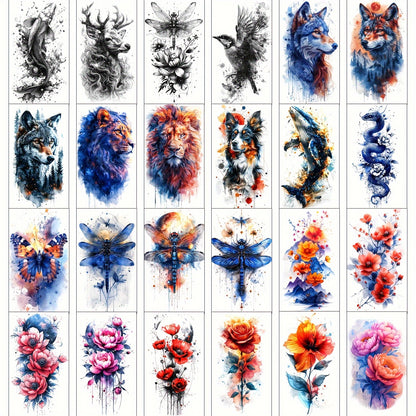 Temporary Tattoos for Women & Kids - 24 Sheets Large Watercolor Realistic Fake Tattoo Stickers with Flower & Animal Designs - Long Lasting Body Art Half Arm Tattoos