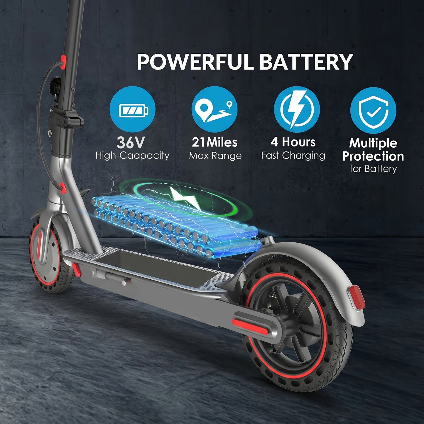 [Foldable Electric Scooter] Long-Range Adult Electric Scooter with a Powerful 350W Motor, Top Speed of 19 Mph, Up to 21 Miles of Range, 8.5-Inch Solid Tires, Foldable Commuter Electric Scooter with APP Control, Dual-Brake System, LED Lights, And Portable