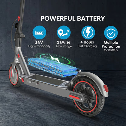 [Foldable Electric Scooter] Long-Range Adult Electric Scooter with a Powerful 350W Motor, Top Speed of 19 Mph, Up to 21 Miles of Range, 8.5-Inch Solid Tires, Foldable Commuter Electric Scooter with APP Control, Dual-Brake System, LED Lights, And Portable