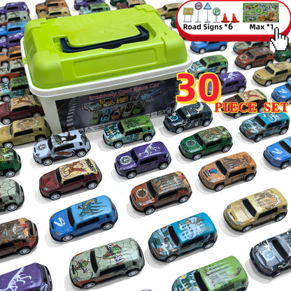 Dinosaur Toy Car Set 29-30pcs – Mini Pull Back Racing Cars with T-Rex Spinosaurus Pterodactyl Figures & City Traffic Map | Party Favors, Classroom Prizes, Birthday Gift for Boys & Girls Ages 3+