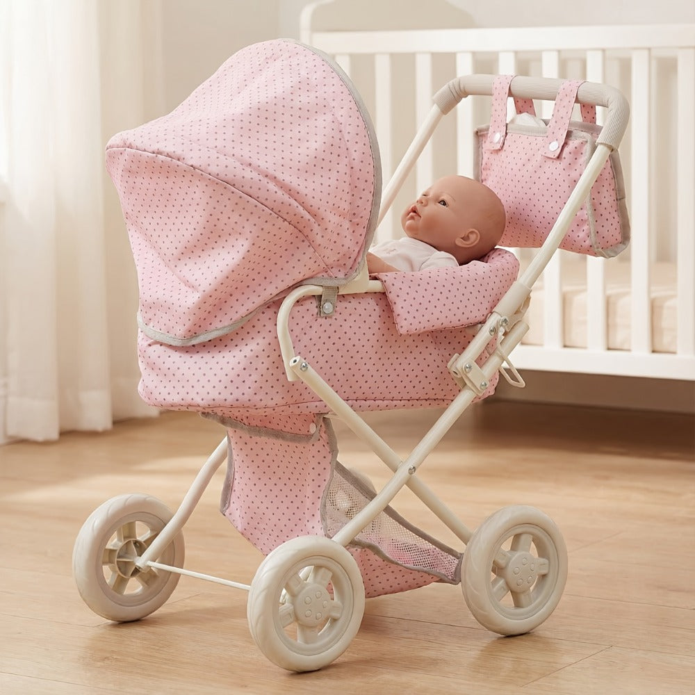 3-in-1 Baby Doll Stroller Set Pink – Foldable Pram with Removable Bassinet & Carry Bag for 14-24 Inch Dolls, Swivel Wheels Adjustable Handle, Role Play Nursery Gift for Girls Ages 3-12