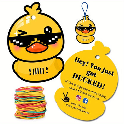 Duck Duck Ducked Party Game Cards 50 Pack – Printed Yellow Duck Tags with Round Hole & Rubber Bands, Viral Outdoor Group Activity for Kids, Teens & Adults, Fun Icebreaker for Birthday Parties, School Events & Team Building