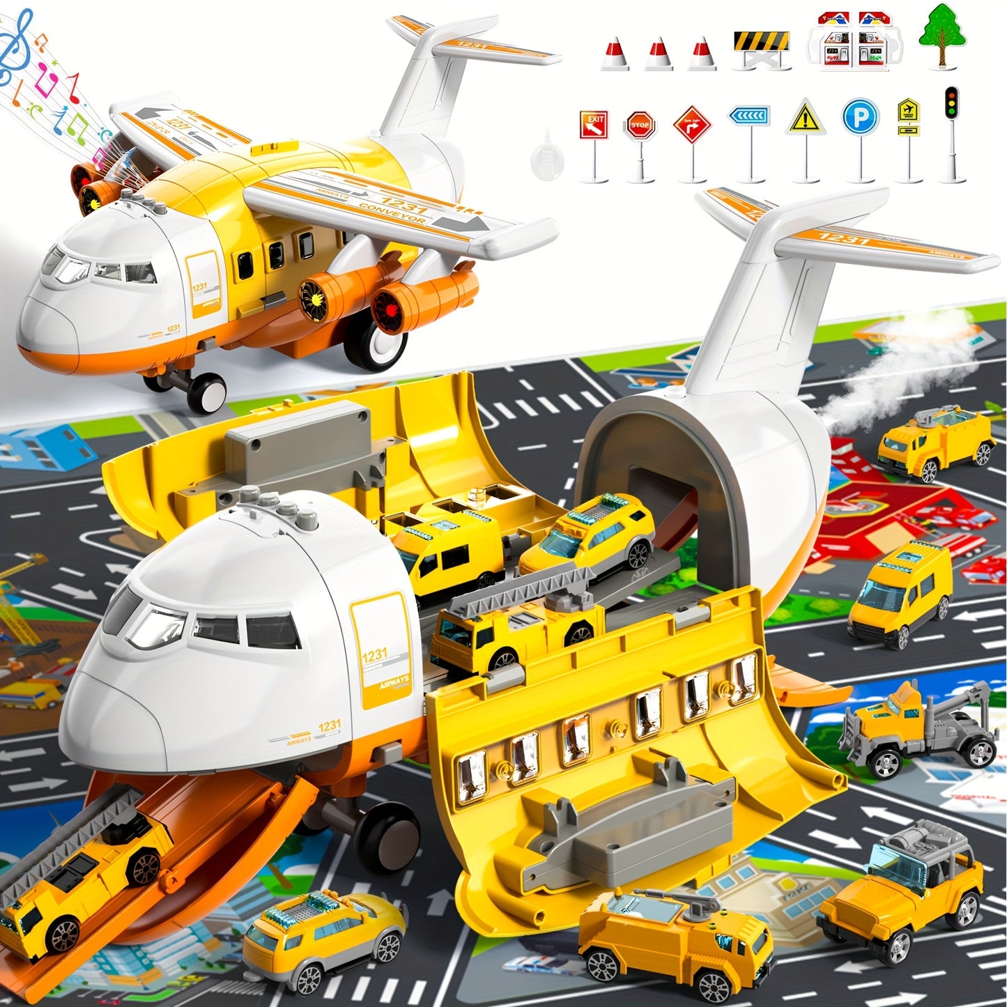 [Large Airplane Toys] Airplane Toys for 3 Year Old, Large Transport Spray Airplane Toys with 10 Vehicle Cars