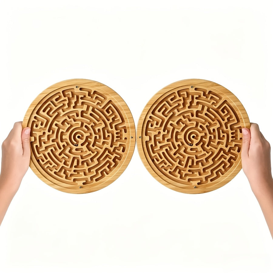 A Large Round Wooden Maze with PC Steel Ball, Balance Maze Board, Two Metal Ball Challenges And Maze Puzzles Is Used to Improve Concentration And Train Wooden Balance Board, Metal Ball Challenges And Puzzle Games, Which Is Suitable for Brain Training