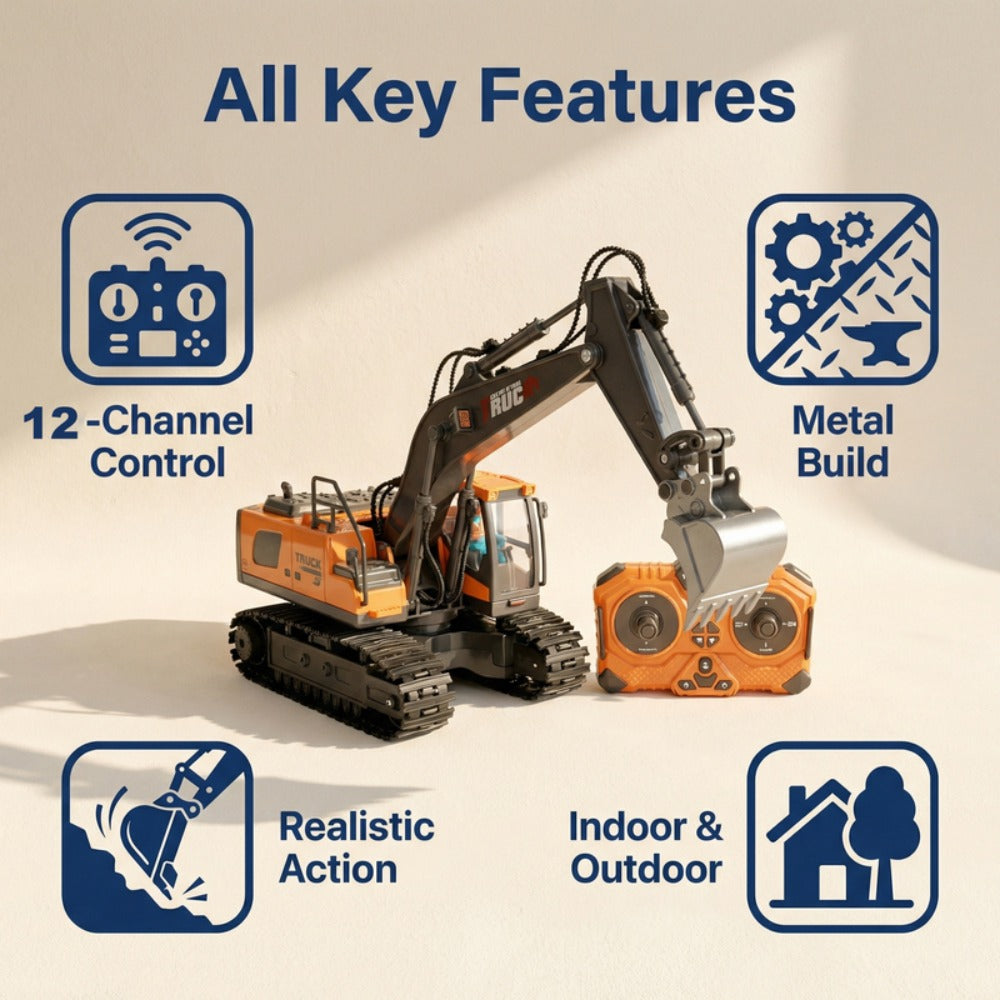 RC Excavator Toy 1:24 Scale 2.4GHz 9-Channel with Alloy Metal Cap Lights Sound Rechargeable Battery, Remote Control Construction Truck for Boys Ages 6+, Birthday Christmas Gift Multiple Colors