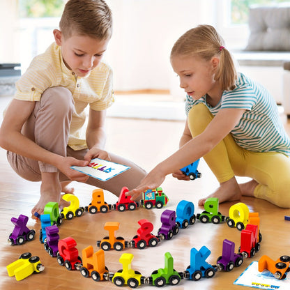 Magnetic Wooden Alphabet Train Set 27PCS ABC Letter Learning Toy with 42 Double-Sided Flash Cards, Engine & Storage Bag – Educational STEM Gift for Boys & Girls Ages 3-6