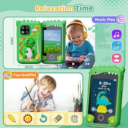 Kid's Fun Explorer Phone - 8GB HD Touchscreen Dual Camera Cell Phone with Dinosaur Design, Kids Smart Phone Toy, Dinosaur Kids Toy Phone, Educational Travel Toy, Perfect Birthday, Halloween, Christmas Gift