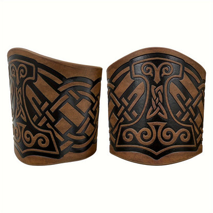 Viking Leather Cuff Bracelet Set 2pcs Norse Mythology Mjolnir Vegvisir Embossed Wristband for Men Women Halloween Gift