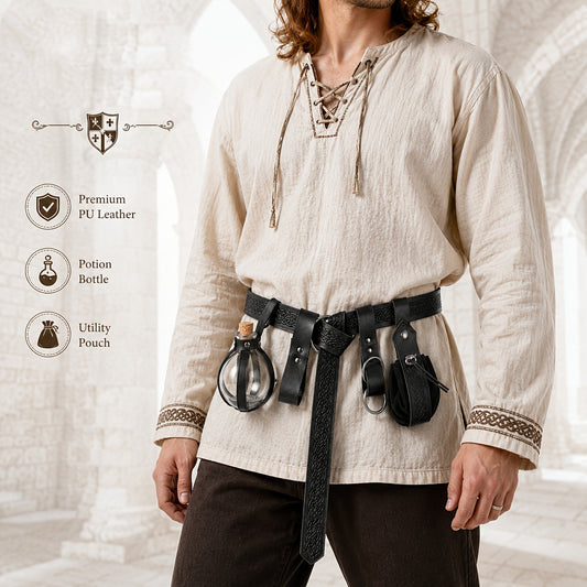 5pcs Medieval Viking Renaissance Belt with Potion Bottle Belt Bag & Faux Leather Harness - Costume Accessory Suitable for Renaissance Fairs, Halloween, Themed Parties - Role-Play Gear (Not Wearable Clothing)