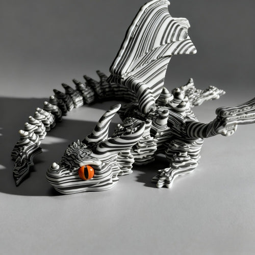 Articulated Cybernetic Dragon Statue – 3D Printed Black & White Swirl Fidget Figurine with Random Eye Color, Poseable Collectible Fantasy Art for Desktop Display, Cool Gift for Teens & Adults 14+