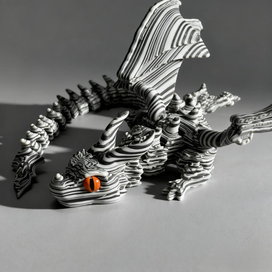 Articulated Cybernetic Dragon Statue – 3D Printed Black & White Swirl Fidget Figurine with Random Eye Color, Poseable Collectible Fantasy Art for Desktop Display, Cool Gift for Teens & Adults 14+