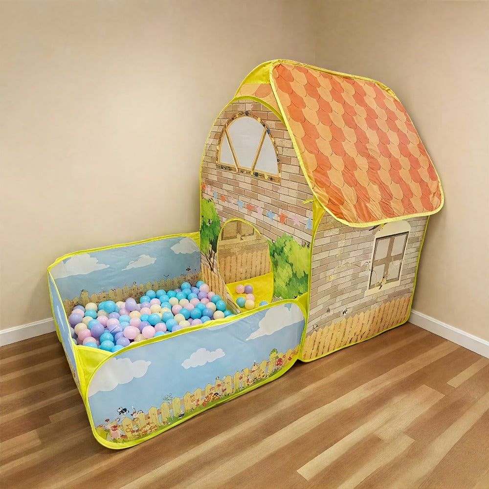 Kids Cottage Play Tent with Ball Pit – Cartoon Design Indoor Outdoor Playhouse, Imaginative Hideaway Fort for Toddlers, Fun Birthday Christmas Halloween Gift for Boys & Girls Ages 2+