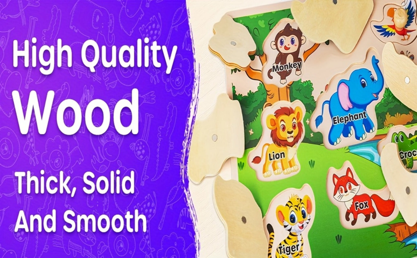 6-in-1 Wooden Puzzle Set for Toddlers 1 2 3 Year Old – Alphabet Number Shape Animal Dinosaur Vehicle Puzzles with Storage Rack, STEM Educational Learning Toy Gift for Baby Boys Girls