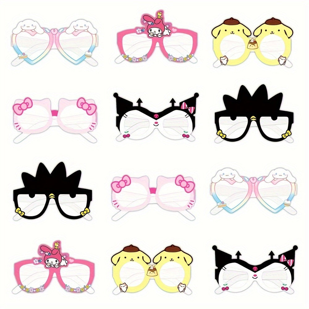 Sanrio Party Glasses Props Set 12 Pcs Hello Kitty Kuromi My Melody Cinnamoroll Gudetama Licensed Paper Photobooth Eyewear for Birthday Party Favors, Holiday Celebrations & Seasonal Decor