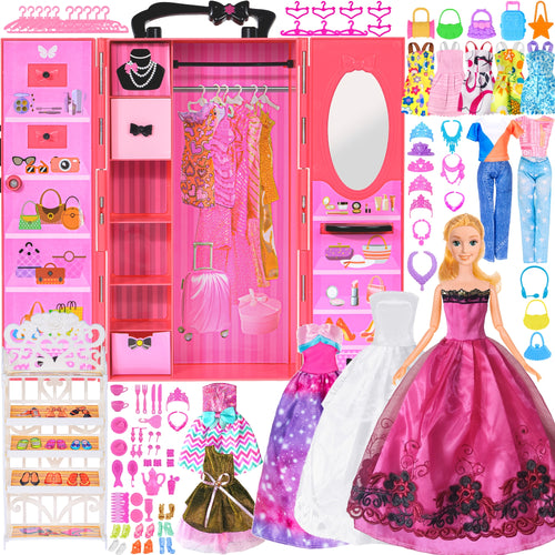 140pcs 11.5 Inch Girl Doll Closet Fashion DIY Wardrobe with Clothes And Accessories Including Doll, Wardrobe, Wedding Dress, Shoes, Necklace, Bags And More (Include Doll)