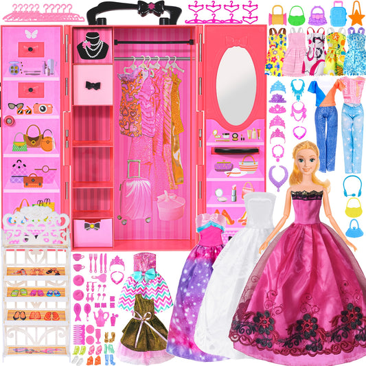 140pcs 11.5 Inch Girl Doll Closet Fashion DIY Wardrobe with Clothes And Accessories Including Doll, Wardrobe, Wedding Dress, Shoes, Necklace, Bags And More (Include Doll)